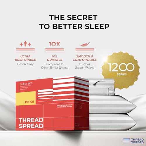 Image of THREAD SPREAD Egyptian Cotton Sheets King Size - 1200 Series Plush Collection Damask Sheet Set Egyptian Cotton (4 PC, White Stripe), Luxury Sheet King Size, Soft, Cooling Deep Pocket Sheets