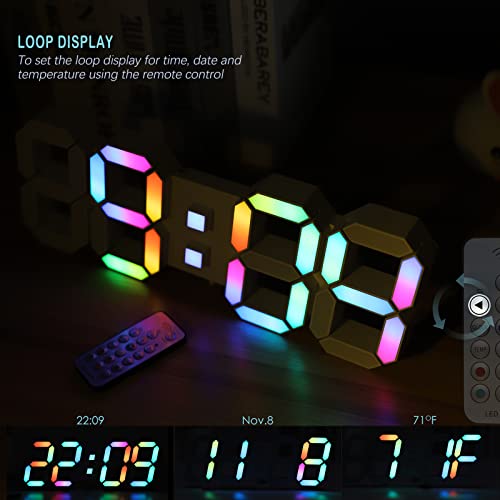 Image of KOSUMOSU LED Wall Clock 15 inch RGB Digital LED Clock for Living Room Decor, Large Display Gaming Room Clocks, Dimming /12 /24 Hr Time /Date /Temp /Remote (White Clock with Neon Light)