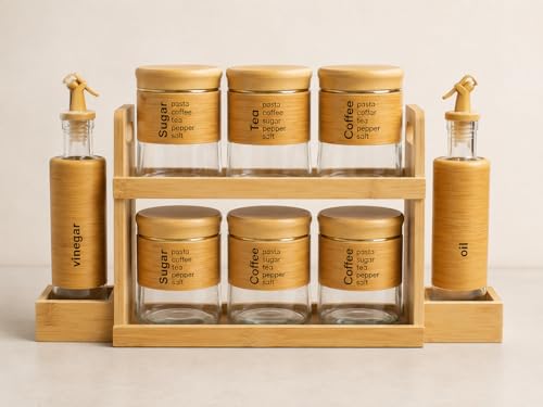 Image of Femora Kitchen Organizer Set | 6 Glass Spice Jars 450ml + 2 Oil Dispenser Bottles 320ml + 2-Tier Bamboo Rack | Airtight, Leak-Proof, Eco-Friendly