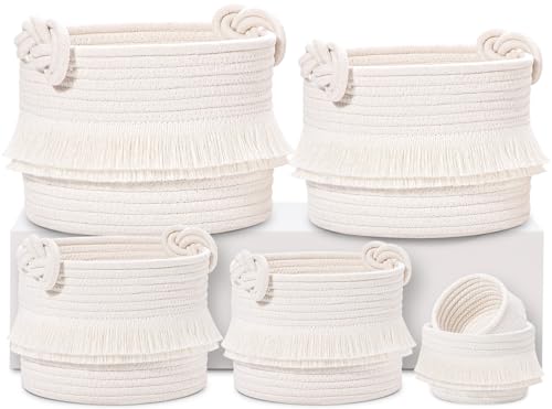Image of HLWDFLZ 6-Piece Decorative Storage Rope Basket Set– Woven Rope Baskets for Storage Organization, Small Basket for Nursery Baby Stuff, Toy Basket, Boho Basket (Off White)