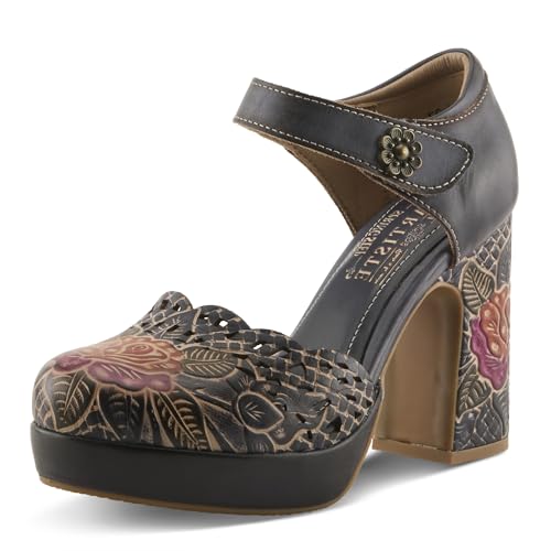 L'Artiste Debbihary Mary Jane Pump Shoes for Women | Pointed Closed Toe High Heels for Women with Rose Embossed Details and Adjustable Ankle Strap