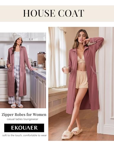 Image of Ekouaer Zipper Robes for Women Long Sleeve Lightweight House Coats with Pockets Zip Up Bathrobe Loungewear S-3XL