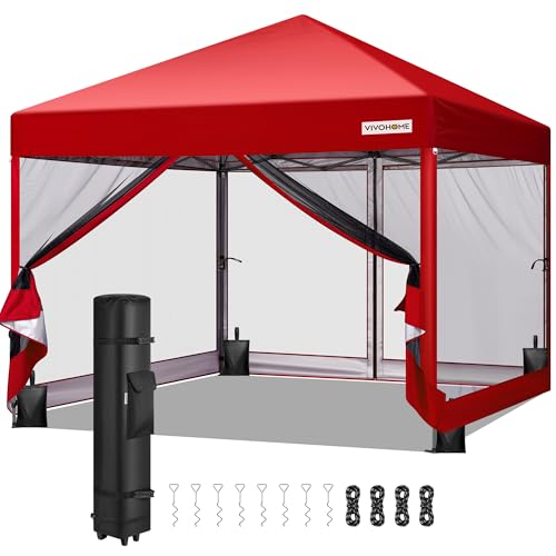 VIVOHOME 10x10ft Easy Pop-Up Canopy Outdoor Screen Tent with Mosquito Netting 2 Zipper Doors and Roller Bag for Yard Camping Picnic Party Events Red