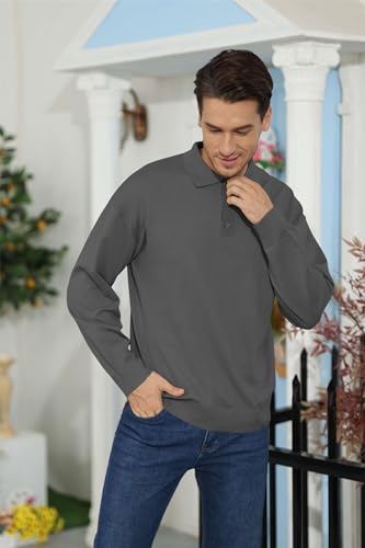 Mens Casual Knit Polo Shirt Classic Long Sleeve Thermal Basic Button Down Golf Shirts4