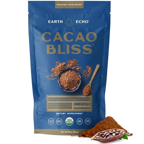 Earth Echo Cacao Bliss - Ceremonial Grade Organic Raw Cacao Powder with MCT Oil & Turmeric - Supports Energy Boost, Mindful Snacking & Focus - Unsweetened, Vegan, GMO & Gluten-Free, 30 Servings