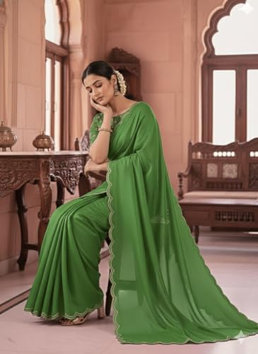 Image of Chinon Silk Saree with Embroidered Blouse, Traditional Georgette Saree, Elephant Embroidery Pattern, V-Neck Design, Free Size, Festival Wear