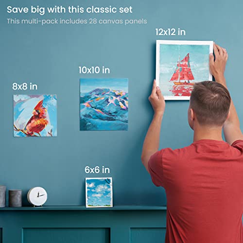 Arteza Painting Canvas Panels Multi Pack, 15cm x 15cm, 20cm x 20cm, 25cm x 25cm, 30cm x 30cm Set of 28, Primed White, 100% Cotton with Recycled Board Core, for Acrylic, Oil