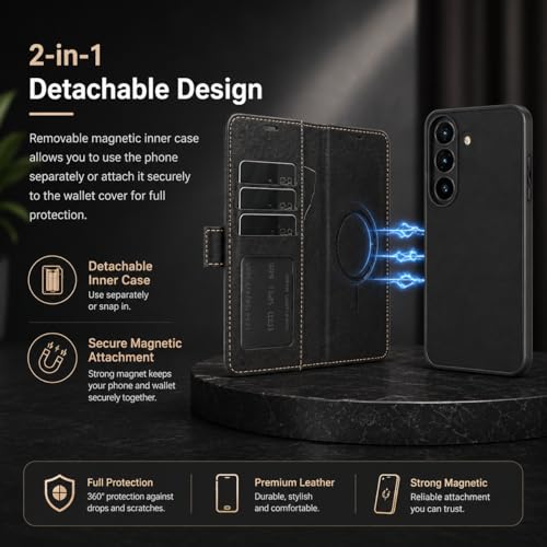 Image of FASHINA S26 Leather Flip Wallet Case with Magnetic Closure, Card Holder Slots, Shockproof Inner Cover, Premium Leather Finish for Complete 360 Protection Black
