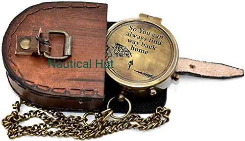 Brújula de latón con estuche de cuero grabado miniatura 6