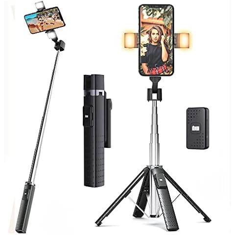 SRIKEKL 40” Selfie Stick Tripod Quadrapod Stand, Dual Onboard Lights Phone Holder, Wireless Bluetooth Remote, Extendable, Aluminium alloy, 3 Light Modes,Compatible with All iPhone & Android Devices Cover