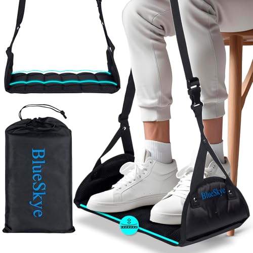 Flat Travel Foot Rest Portable Adjustable Folding Hanging Foot Hammock - for Airplane Office Under Desk Car Home Relaxing Soft Padded in Flight Anti Swelling - by BlueSkye