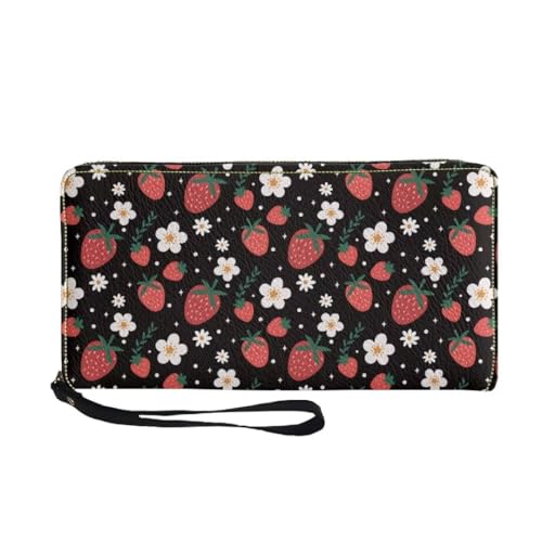 Black Leather Wallet Women Strawberry Floral Print Fashion Clutch Coin Purse Large Capacity Long Wallet With Wristlet Strap