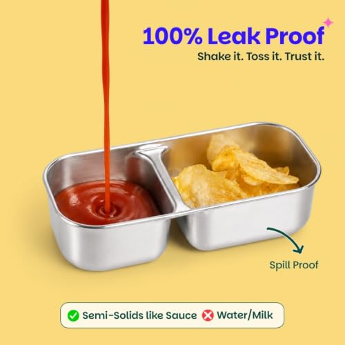 Image of Basil Stainless Steel 2 Compartment Pickle & Dip Container | Chutney Box for Tiffin | Leak Proof Container with Food Grade Silicone Lid | Dip Box for Ketchup & Sauces | School & Office - Blue