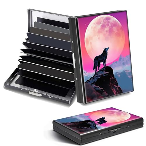 DHYYDSQZ Credit Card Holder, Art Moon Wolf Design Mini RFID Blocking Aluminum Wallet Slim Metal Hard Case Shell Travel Wallet ID Case Small Credit Cards Case Business Cards for Women Men Girls