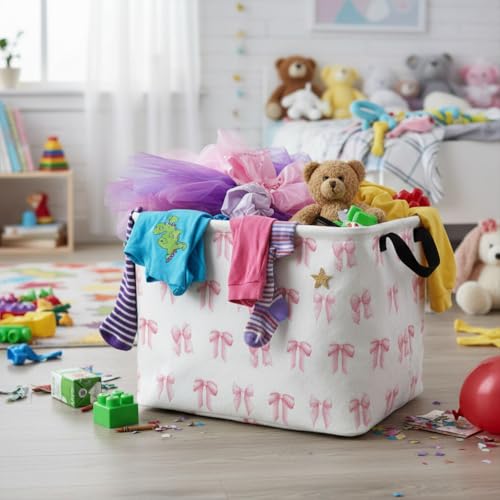 Image of Rectangular Valentines Basket Fabric Storage Bin Storage Boxes Collapsible Storage Basket for Clothes Books Shelves Basket(Pink Bowknot)