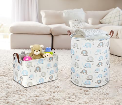 Image of NTAOHAMPER Rectangular Blue Elephant Storage Basket,Collapsible Gift Basket with Handles,Books Box,Room Decor(Blue Elephant)