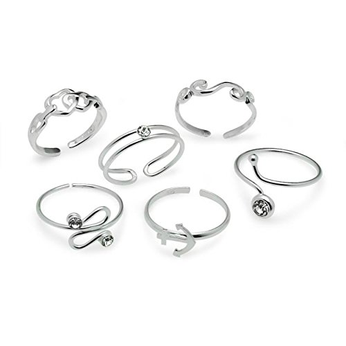 Silverline Jewelry Sterling Silver Toe Rings, 6 Pcs Adjustable Open Toe Rings Set