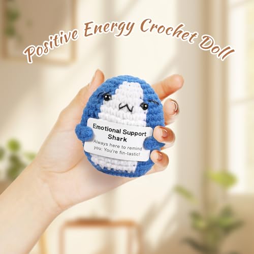 ASMPCUE Positive Hai-Geschenk, Frontkarte, kreativ, gestrickt, Wolle, positive Hai, Dekompression, Plüschtier – Happiness Gift of Courage