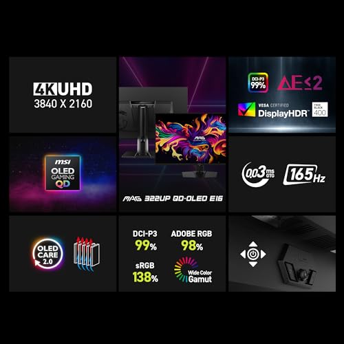 Image of msi MAG 322UP QD-OLED E16 32-Inch QD-OLED Monitor, 3840x2160, 165Hz, 0.03ms, DisplayHDR True Black 400, AMD FreeSync Premium Pro, NVIDIA G-SYNC Compatible, AI Care Sensor, HDMI2.1, DP 2.1, 98W USB-C