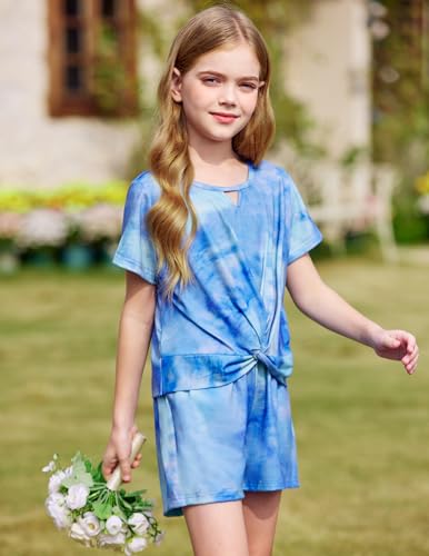 Image of Arshiner Girls Summer 2 Piece Outfits Tie Dye Short Sets Casual Twist Front Short Sleeve Tops and Pant with Pockets
