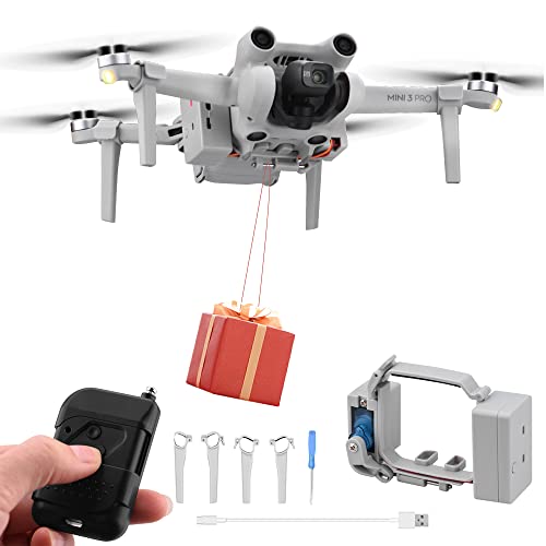 TMOM DJI Mini 3/Mini 3 Pro用エアドロップ装置 ドローンエアドロッパー ドローンクリップペイロード配達ドロップ輸送装置 エアドロップシステム ABS USB充電 釣りベイト プロポーズ結婚指輪 ギフト配達 海上救助 緊急配達 最大負荷100g リモコン距離100メートル 着陸装置増加21mm ドローンアクセサリーのサムネイル