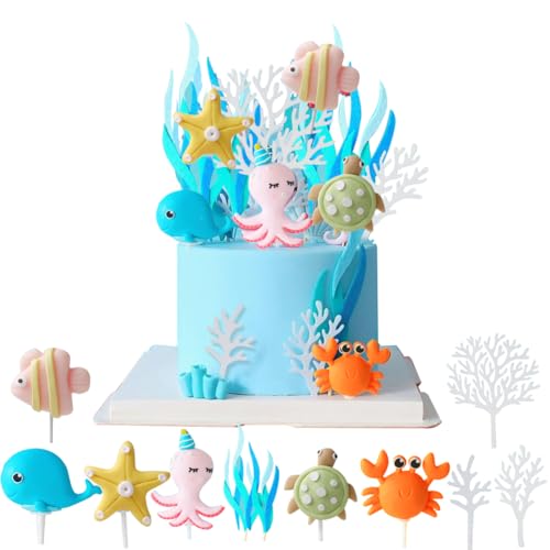 ZOOMPIL Decoración para Tartas de Mar, 11pcs Adorno para Tarta de Temática Océano, Animales Marinos Decoración, Estrella de Mar, Pulpo, Cangrejo, para Fiesta cumpleaños Infantil