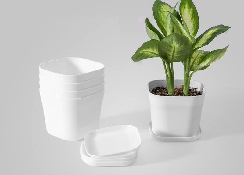 Optibuy 5 Pack Square Flower Pot with Saucer, 3.9 x 4.7 Inch Plastic Plant Pot for Small Indoor House Outdoor Garden Plants, Flowers, Herbs (White)