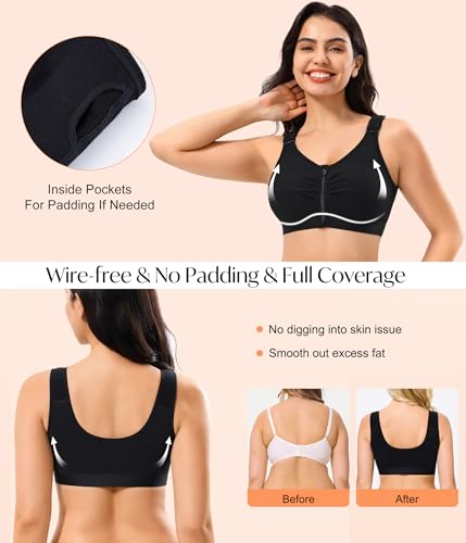 CYDREAM Zip Front Bra for Women Wireless Full Coverage Comfort Everyday Post Surgery Compression Bras Adjustable Straps3