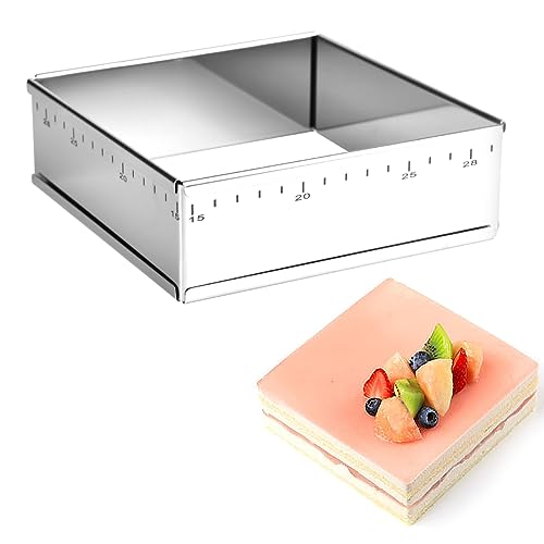 Guowall Backrahmen Quadratisch Verstellbar, Edelstahl Rechteckig Backform Tortenrahmen für Mousses, Dessertcreme, Kuchen, 15-28 cm