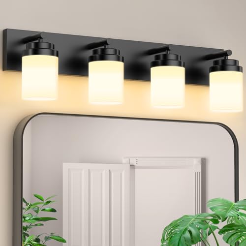 Image of IZORRO Bathroom Vanity Light Fixture, 4-Light 30 Inch Matte Black Bathroom Light Fixtures Over Mirror, with White Glass Shade, Modern Farmhouse Vanity Lights, Rustic Restroom Lighting Fixtures