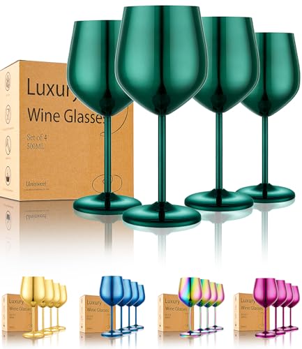 UNISWEET Stainless Steel Wine Glasses Set of 4 Unbreakable Green Wine Glass 18 oz Unique Metal Wine Goblets for Outdoor, Travel, Camping, Pool, Ideal Gift for Wine Lovers