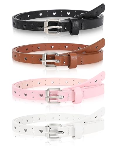 Kajeer Kids Belt for Girls,4 Pcs Durable PU Leather Belt Metal Buckle Heart Circle Hole Youth Toddler Belt for Uniform Casual