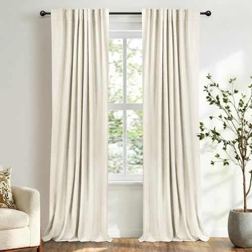 Image of 100% Blackout Shield Linen Blackout Curtains for Bedroom 84 Inches Long, Back Tab /Rod Pocket Living Room Drapes, Thermal Insulated Blackout Curtains 2 Panels Set, 50 inch W x 84 inch L, Beige White