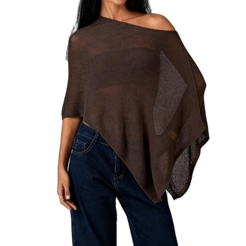 DexQur Womens Sheer Poncho Top Y2k Knitted Summer Asymmetrical Mesh Shawl Pullover Sweater Cover Up Tops (Chocolate One Size)