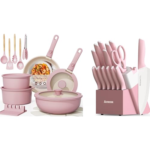 Image of Astercook 21 Pcs Pots and Pans Set Non Stick with 15 Pcs Kitchen Knives Set with Block and Sharpener