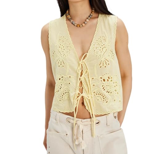 Women Tie Front Tank Top Embroidered Mesh Crop Tops Y2k Eyelet Cutout Vest Shirts Summer Sleeveless Trendy Top