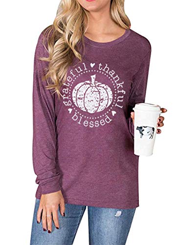 VILOVE Grateful Thankful Blessed Thanksgiving Shirt for Women Pumpkin Graphic Top Long Sleeve Letter Print Casual T-Shirt (Medium, Red)