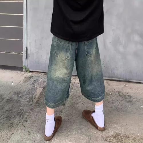 American Retro Washed Vintage Denim Short Women's high Street Loose Slimming Straight Leg Five Quarter Pants4