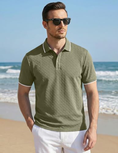 Image of JMIERR Mens Casual Polo Shirt Short Sleeve Vacation Button Summer Beach Knit Stretchy Golf Shirts
