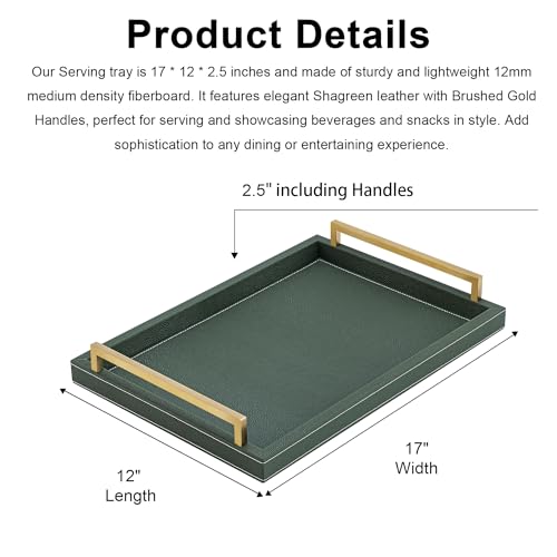 Green Decorative Serving Tray,Rectangular Tray for Coffee Table,Faux Leather Serving Tray with Handles for Ottoman,Shagreen Leather Tray for Bathroom