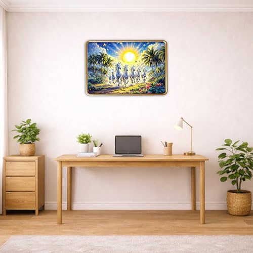 Image of XOPY Seven Running Horses Canvas with Golden Frame | Vastu 7 horses Raw Pyrite Painting for Home, Office & Living Room Wall Decore | 12X18 Inch Sparkle Laminated Frame | Best For Gifting (53327, 12X18)