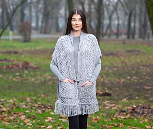 Image of SAOL 100% Merino Wool Shawl /Poncho Sweater /Open Cardigan /Wool Cape with Pockets with Fringe Trim and Trinity Knot Button