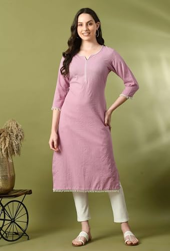 Image of Amazon Brand - Tavasya Women Cotton Katha Straight Regular Fit Kurta | Solid Ethnic Kurti | 3 /4 Sleeve Casual & Office Wear |Kurta for Women