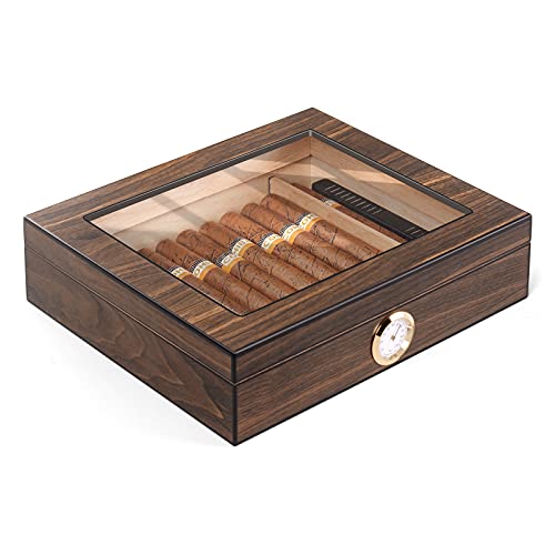 Cigar Box, Wood Cigar Humidor Box for Men, Gift for Men, Fathers Day, Valentine's Day, Cigar Display Case with Glass Top, Holds 20-30 Cigars