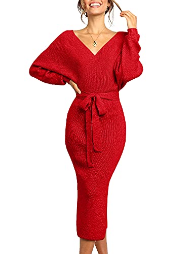 Saodimallsu V-Ausschnitt Strickkleid Damen Elegant Langarm Pulloverkleid Weihnachtskleid Schlitz Offener Rücken Figurbetontes Kleid mit Gürtel Tiefrot Mittel