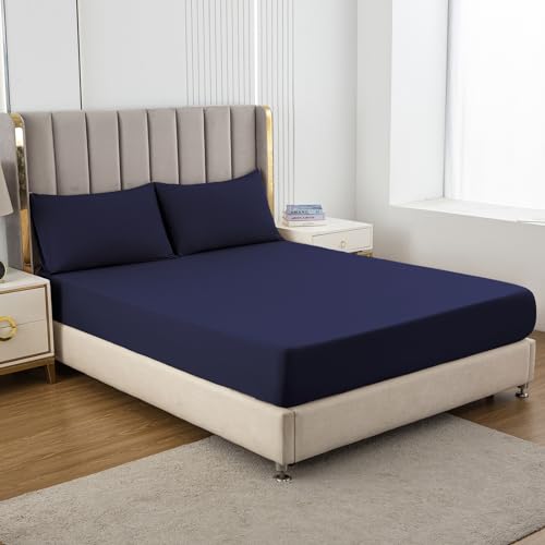 Soifox Double Fitted Sheet Navy Blue, Bed Sheets with Extra Deep Pocket 16 inch (40 cm) - Image 2