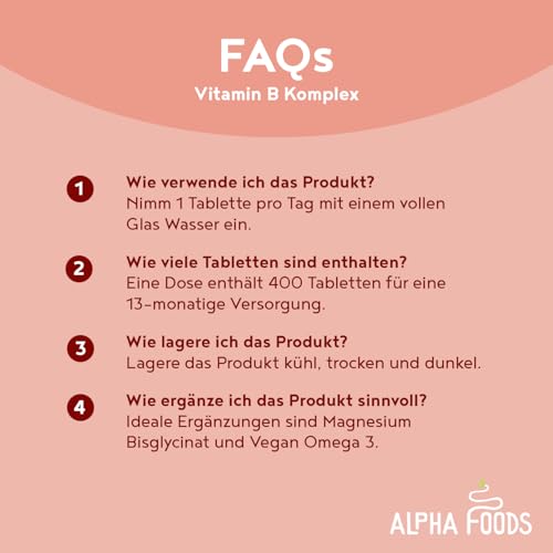Vitamin B-Komplex | 400 hochwirksame vegane Tabletten (1 Jahr+ Vorrat) | Alle 8 B-Vitamine B1-B2-B5-B6-B12, Biotin, Folsäure, Vit C & D3 | Energie-Boost & Immun-Unterstützung | Alpha Foods