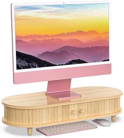 Bamboo Monitor Stand with Storage, Curved Computer Laptop Stand D...
