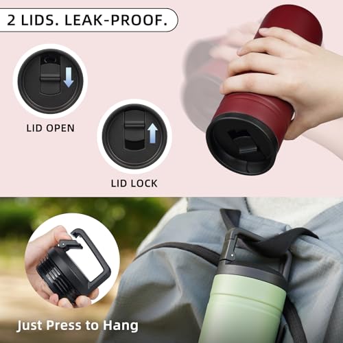 Image of BJPKPK 20 oz Insulated Travel Water Bottle, Coffee Tumbler Stainless Steel | Double Wall Vacuum, Leakproof, Thermal, Keeps Hot /Cold, Dishwasher Safe, Spill Proof, Wide Mouth, 2 Lids, Cinnabar Red