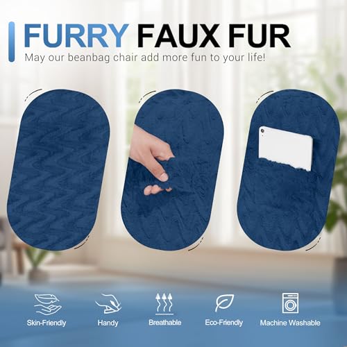 Image of 3FT Bean Bag Chair,Giant Bean Bag Chairs for Adults,Big Bean Bags with Memory Foam Filled, Large Beanbag Chairs with Chevron Plush Cover-Blue
